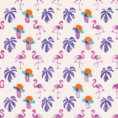 Vacation Themed Pastel Flamingos Pattern