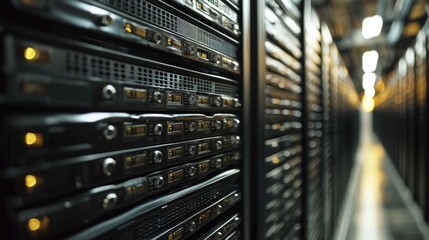 A row of computer servers with yellow lights on