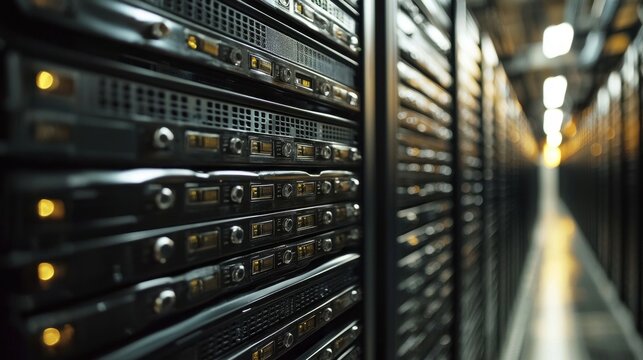 A row of computer servers with yellow lights on