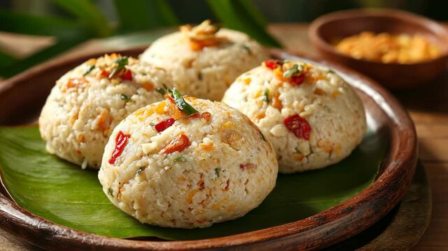 Four servings of rice balls on wooden plate and banana leaf, garnished with red chili peppers and herbs, traditional Asian food