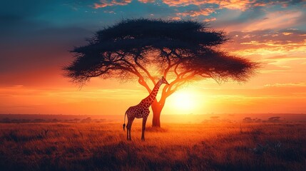 Giraffe under acacia tree at sunrise