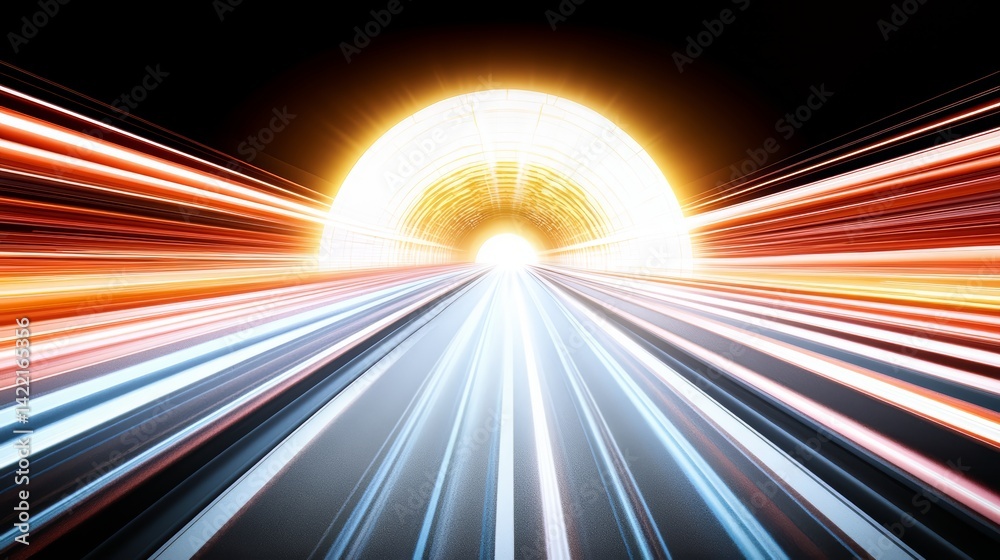 Poster bright yellow sun is shining through a tunnel. the tunnel is long and straight, and the sun is the o