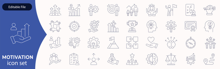 Motivation line editable icon set. Containing personal growth, goal setting, perseverance, achievement, teamwork, passion, thumbs up, and more. Vector illustration