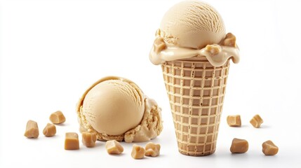 Delicious caramel ice cream in a waffle cone with caramel chunks. Generative AI