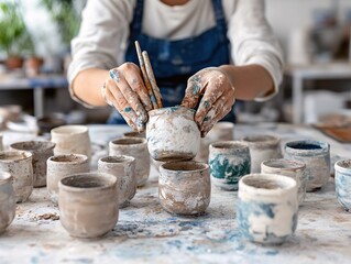 Hands of an artisan holdsa clay pot surrounded by unfinished ceramics on a wooden surface, captured in a warm