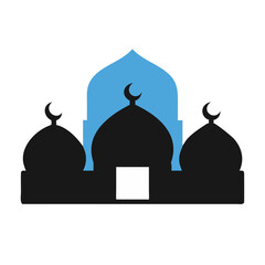 Iconic mosque silhouette showcasing Islamic architecture with domes and crescent moons during sunset on tranquil evening