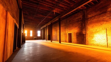 Naklejka premium Empty industrial space with warm lighting, showcasing brick walls and wooden beams