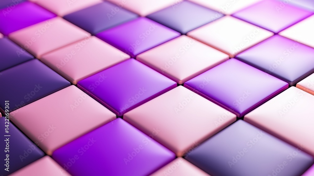 Poster Checkered pattern of pink and purple squares. The squares are arranged in a grid, with some squares overlapping each other. The overall effect is a colorful and playful design