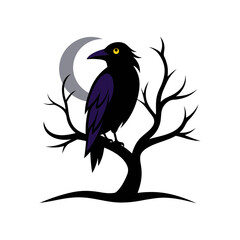 Raven on a spooky branch silhouette illustration