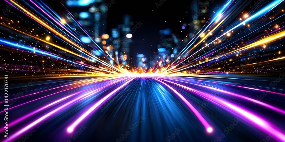 Poster cityscape with a bright, colorful light show. the lights are streaking across the sky, creating a se