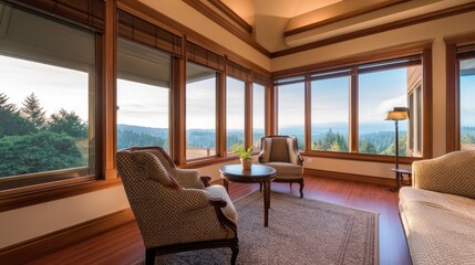 Cozy living room with elegant furniture overlooking scenic forested hills at sunset