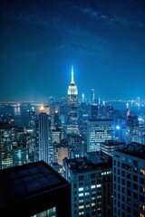 Obraz premium nighttime view of a city with skyscrapers and a full moon