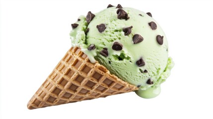 Mint Chocolate Chip Ice Cream in Waffle Cone. Generative AI