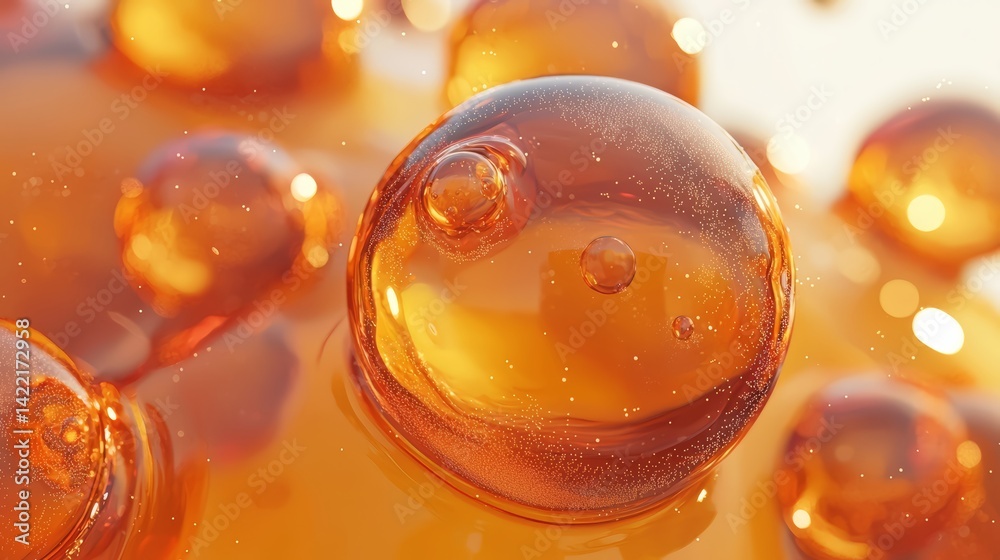 Aufkleber close up of a bunch of small orange spheres in a liquid. the spheres are all different sizes and are