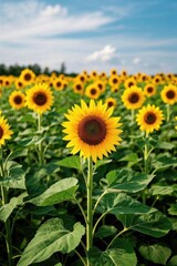 Fototapeta premium there are many sunflowers in a field with a blue sky