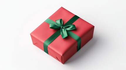 Christmas Themed Gift Box Wrapped in Red Paper with Green Satin Ribbon for Festive Celebrations