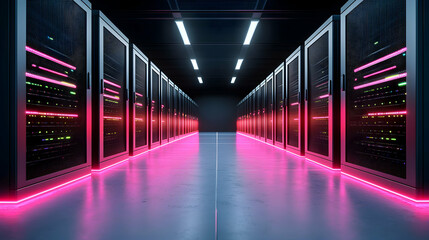 Fototapeta premium A data center with servers and vibrant neon lighting. Ideal for technology websites or presentations showcasing server infrastructure. Captures the essence of digital data management.