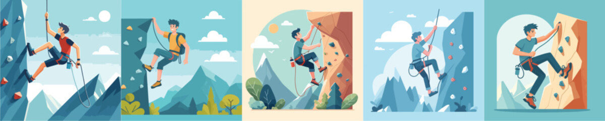 vector group of young people rock climbing