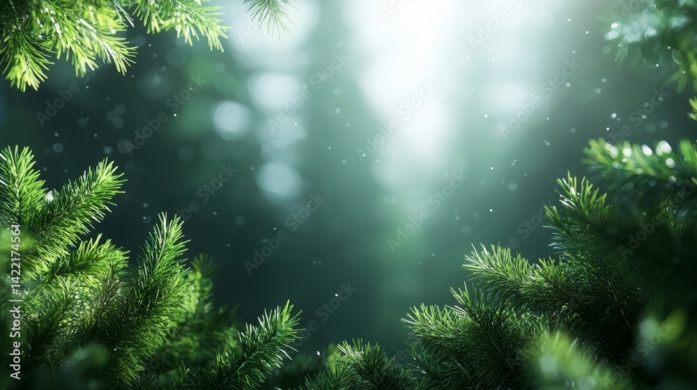 Aufkleber close up of a forest with a bright green background. the trees are full and lush, and the sunlight i