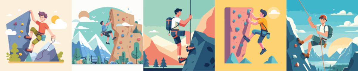 vector group of young people rock climbing
