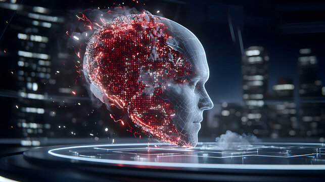 Digital human head with red data. The image depicts AI and data analysis. Use it for tech presentations or futuristic designs.