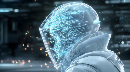 A futuristic figure with a glowing helmet filled with data. This could be used to visualize complex information or create science fiction art.