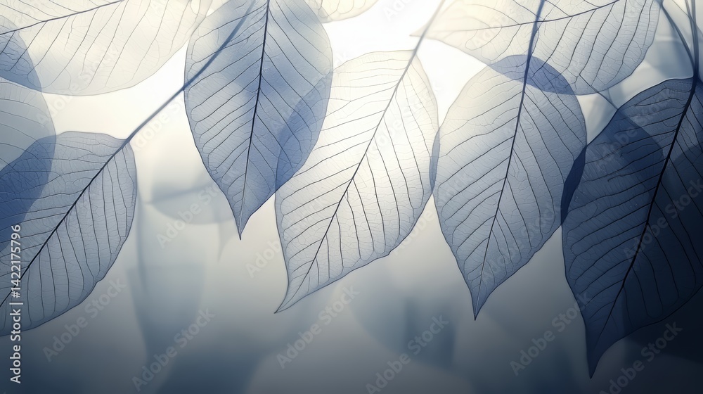 Fototapete close up of a leafy tree branch with a blue background. the leaves are thin and delicate, and the br