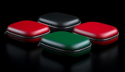 Colorful Zippered Cases in Black, Red, and Green on Black Background
