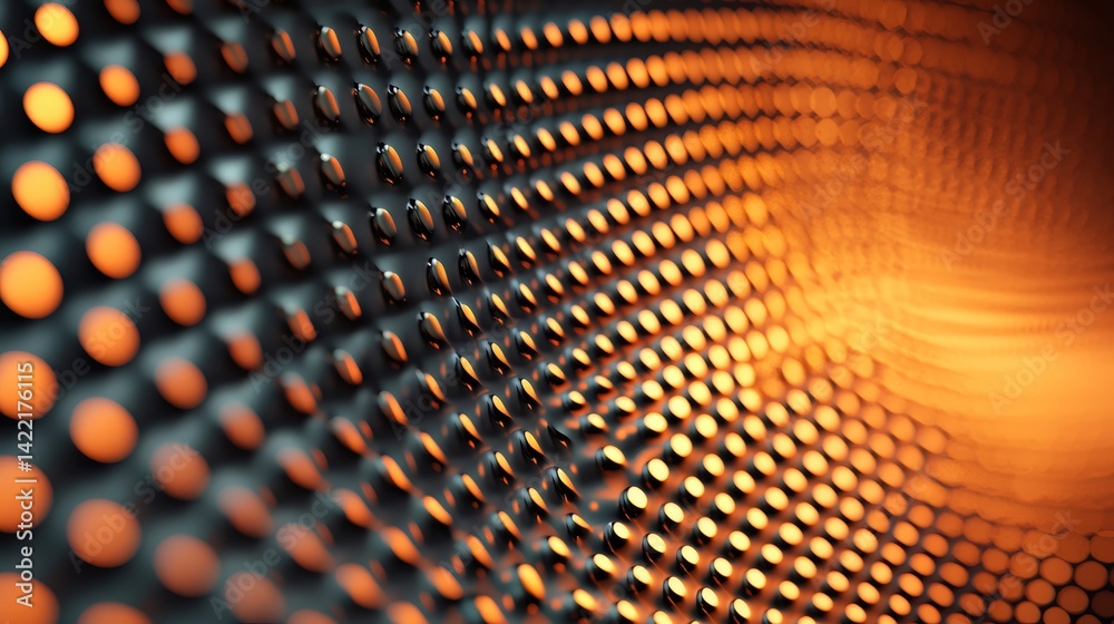 Fototapete Close up of a pattern of dots in orange. The dots are small and close together, creating a sense of depth and texture. The orange color of the dots adds a warm and vibrant feeling to the image