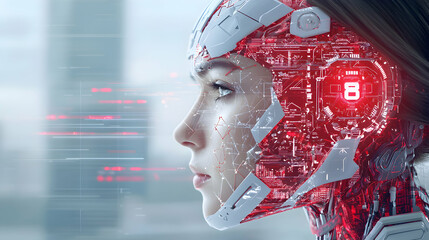 A futuristic cyborg woman profile displays a digital interface. Consider this for science fiction book covers or technological concept art.