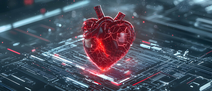 A glowing digital heart on a tech circuit board. Perfect for futuristic medical tech or cybernetic themes. It suggests advanced healthcare concepts.