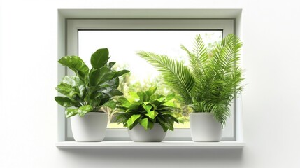 Fototapeta premium Green plants in white pots on a window sill with double glazing and isolated white background. Generative AI