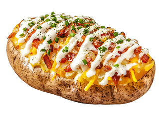 A delicious loaded baked potato topped with cheese, bacon, and sour cream, garnished with fresh chives.