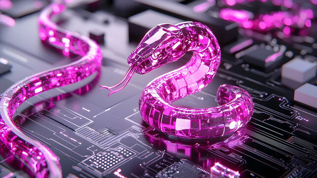 A digital snake on a circuit board. This image could be used to represent cybersecurity technology or the power of data.
