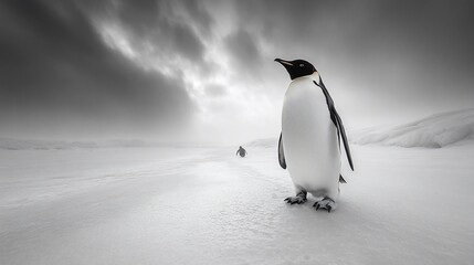 Naklejka premium Monochromatic Majesty: Emperor Penguin in the Antarctic Wilderness Scenery