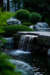 Naklejka premium there is a waterfall flowing down a stone walkway in a garden