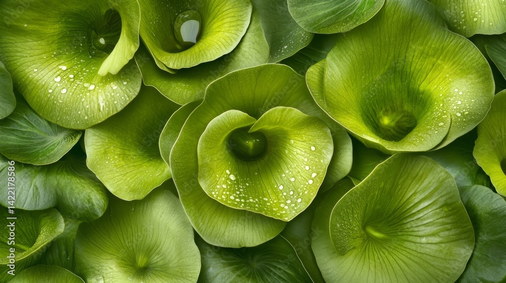 Poster close up of green leaves with a water droplet on the leaf. the leaves are arranged in a way that cre
