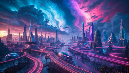AI-generated images of Surreal and Futuristic cityscapes, with vibrant neon lights 