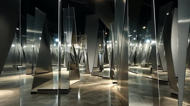 Modern, mirrored maze interior, abstract design, reflections