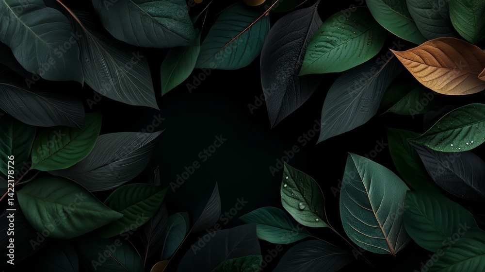 Aufkleber close up of a bunch of green leaves with a dark background. the leaves are very close together, crea
