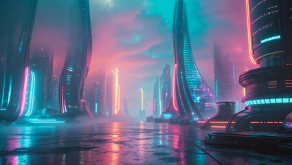 AI-generated images of Surreal and Futuristic cityscapes, with vibrant neon lights 