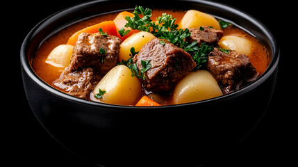 Hearty Beef Stew with Potatoes and Carrots in a Dark Bowl
