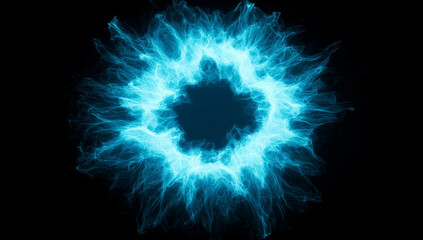 A vibrant blue energy ring with a dark center against a stark black background creating contrast