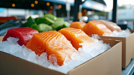 Fresh Salmon and Tuna Steaks on Ice in Cardboard Boxes