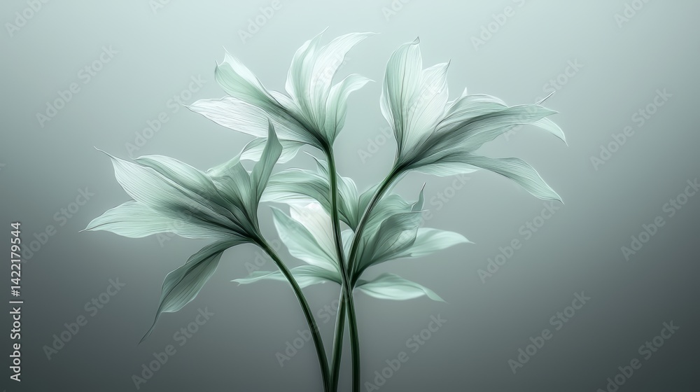 Poster close up of three white flowers with green stems. the flowers are arranged in a way that they are al