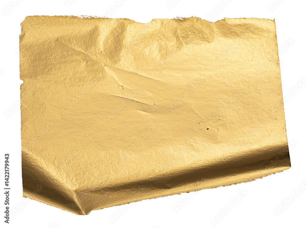 Poster Gold metallic foil background with a crumpled, folded sheet. Shiny, reflective surface with a warm yellow hue and shimmering gloss. Isolated on white background..