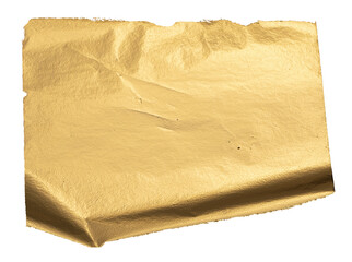 Gold metallic foil background with a crumpled, folded sheet. Shiny, reflective surface with a warm yellow hue and shimmering gloss. Isolated on white background..