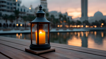 Illuminated Lantern Near Mosque at Dusk