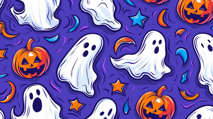 A halloween themed pattern with ghosts pumpkins stars and crescent moons on a purple background