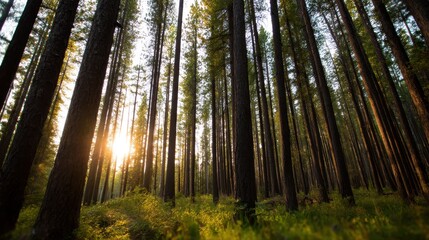 Serene forest landscape at sunset with tall trees and soft sunlight filtering through foliage